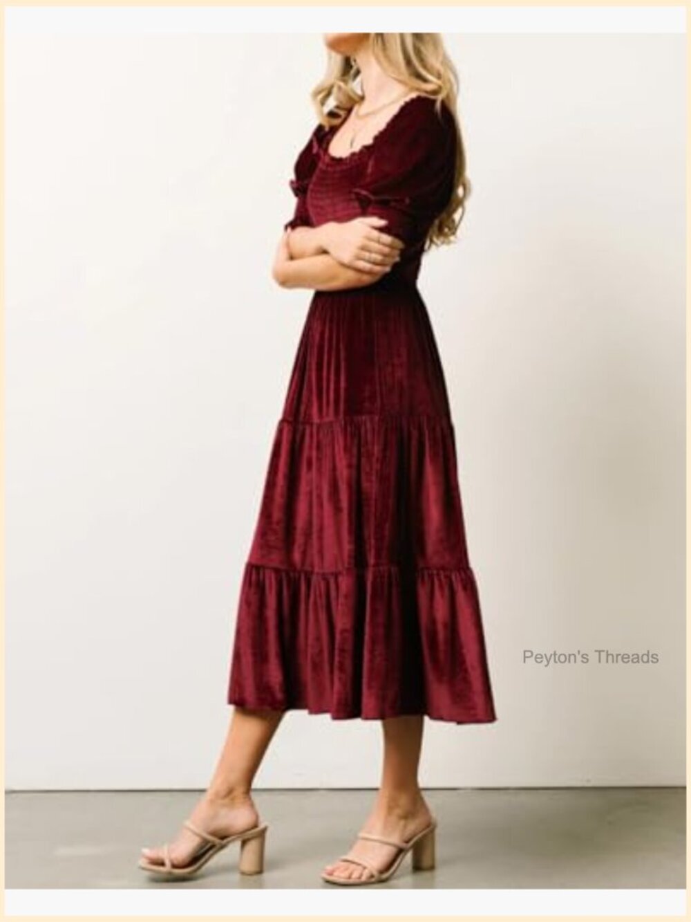 Women's Velvet Midi Dress Puff Sleeve Square Neck Smocked Tiered Ruffle A-Line - Picture 5 of 7